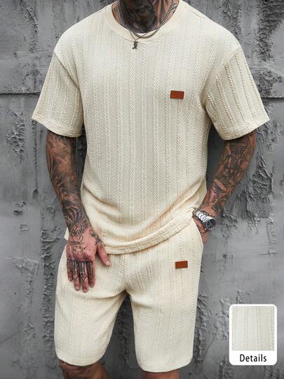 Manfinity CasualCool Men's Graphic Print Short Sleeve T-Shirt And Shorts Casual Set,Men Old Money,Daily Leisure, Weekend Trips, Outdoor Activities, Travel Expeditions, Relaxed Work Environments Or Semi-Formal Occasions, Boyfriend/Husband Gift, Anniversary /Birthday Gift Party Summer Vacation Holiday,Wedding,Spring To Summer,Easter,Men's Cream Knitted Short Sleeve T-Shirt And Shorts Set Casual Summer Outfit Textured Lounge Wear,Knit Two Piece Set Men,Men Two Piece Set Summer,Cream Outfit Men,Men Summer Sweatsuit