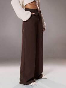 SHEIN TRNDY 女士简约优雅通勤高端百搭裤 - 棕色 - 查看 4