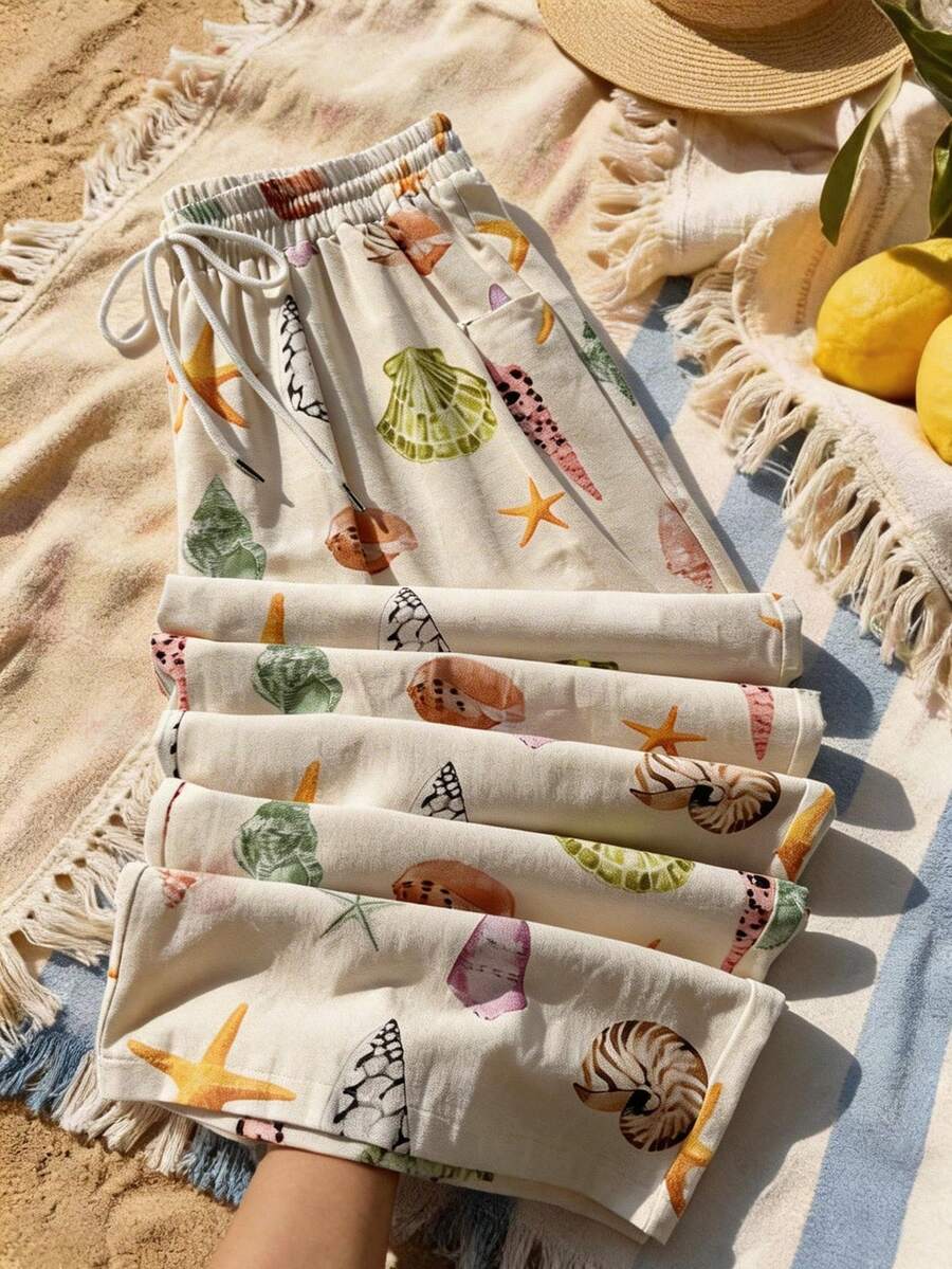SHEIN EZwear 大码休闲度假海洋生物印花裤 - 彩色 - 查看 1