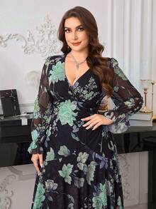 Modelyn 女士交叉V领长袖荷叶边腰部弹力网纱印花优雅浪漫度假加大码连衣裙 - 彩色 - 查看 6
