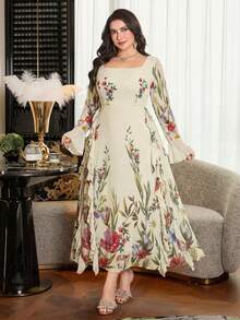 Modelyn Plus Size Long Sleeve Chiffon Double-Layer A-Line Floral Romantic Dress For Women - White - View 3