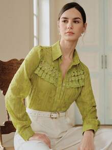 Anewsta Women's Autumn New Floral Lace Patchwork Chiffon Jacquard Blouse Teachers' Day Golf Pastal Sexy - Green - View 1