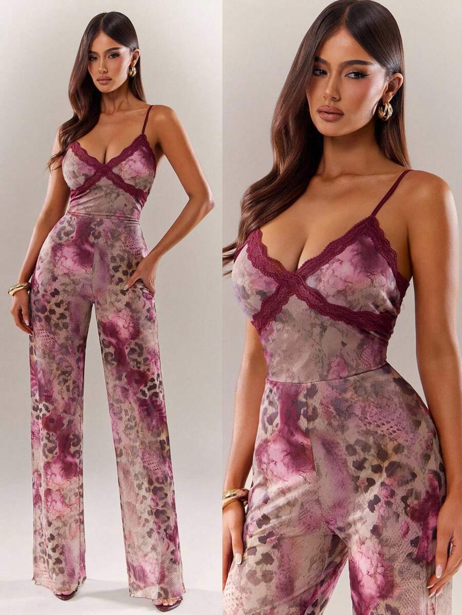 Radiana Bộ jumpsuit nữ gợi cảm, độc đáo với viền ren màu tím đỏ, họa tiết da báo, da rắn, dáng ôm, ống rộng, xuyên thấu, phù hợp cho các hoạt động thường ngày, buổi tối, tụ họp, hẹn hò, tiệc tùng, câu lạc bộ, vũ trường, lễ hội, lễ hội âm nhạc, lễ hội nhạc điện tử, buổi hòa nhạc, kỳ nghỉ, bãi biển, du lịch. - Nhiều màu - Xem 1