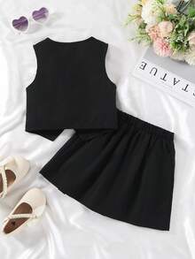 Souflis Souflis 女童甜美无袖珍珠纽扣背心+蝴蝶结百褶裙两件套，优雅休闲夏季套装 - 黑色 - 查看 2