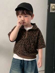 DAZY Baby Boys' Korean Style Loose Fit Leopard Print Collar Long Sleeve Top Summer - Coffee Brown - View 4