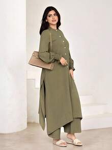 Veilorie Women's Solid Color Front Button Asymmetric Hem Long Sleeve Top And Pants Elegant 2 Pieces Set - Army Green - View 1