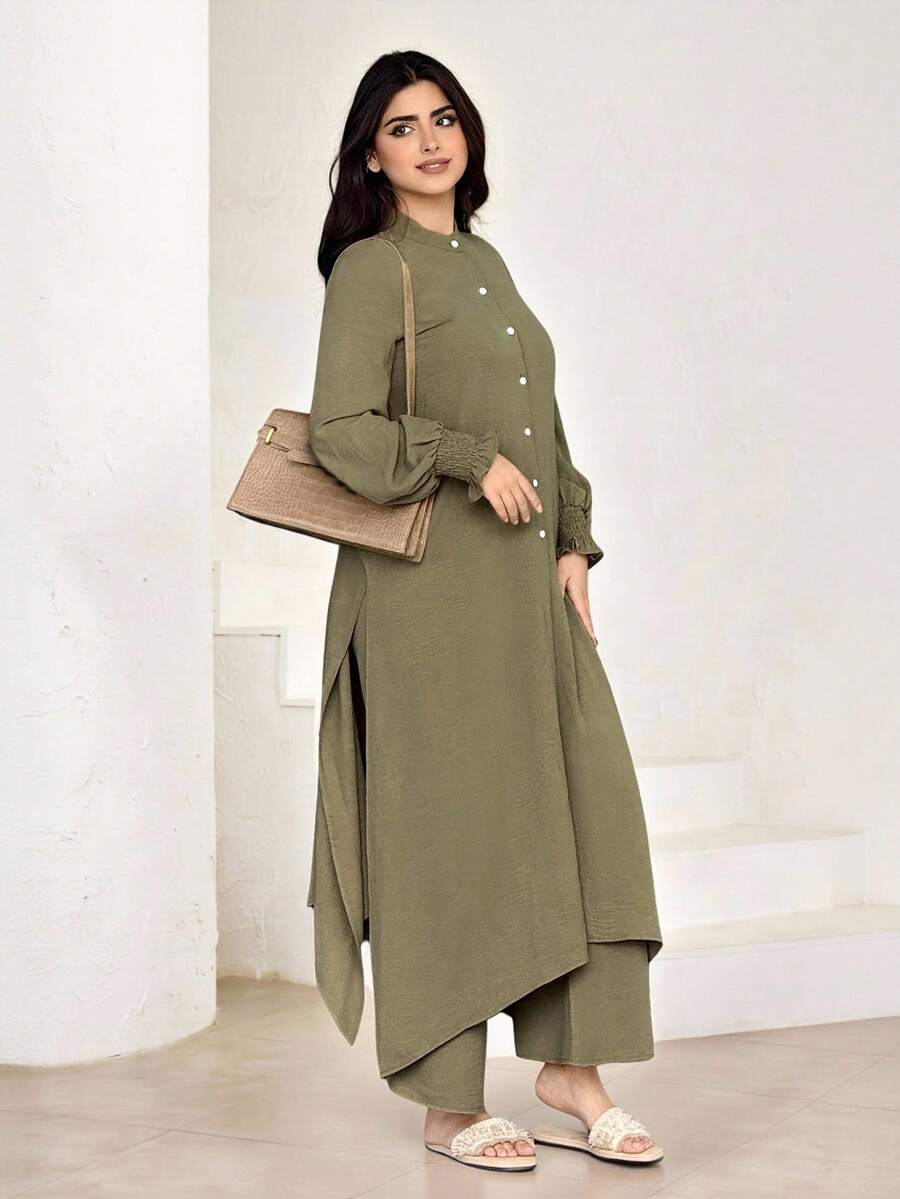 Veilorie Women's Solid Color Front Button Asymmetric Hem Long Sleeve Top And Pants Elegant 2 Pieces Set - Army Green - View 1