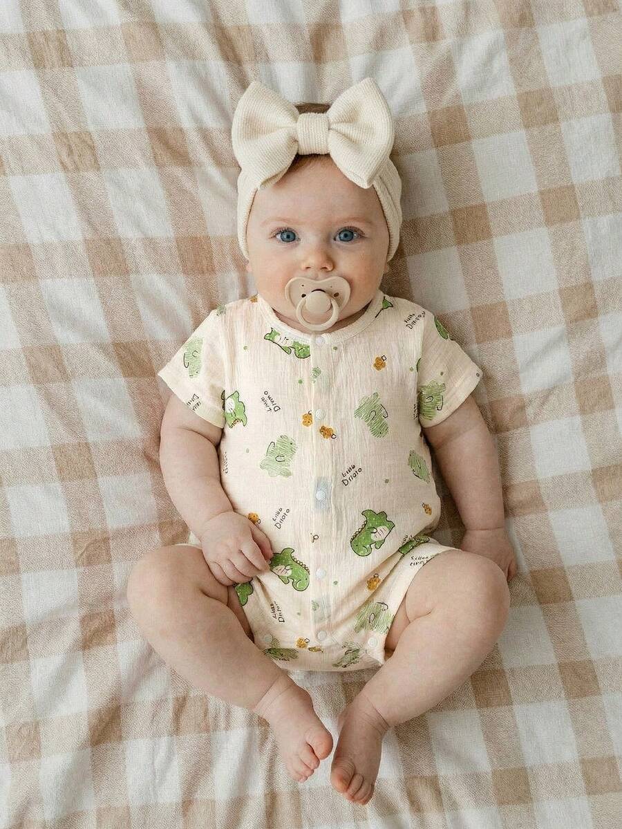 SHEIN Infant & Toddler Boys' Soft Cotton Romper, Lightweight Summer Outfit, Newborn Short Sleeve Jumpsuit, 2026 Spring/Summer Casual & Sportswear, Easter Holiday, Beige & Green Dinosaur Digital Print, Cute Minimalist Unisex Baby Clothes, 0-1 Year - Beige - View 1