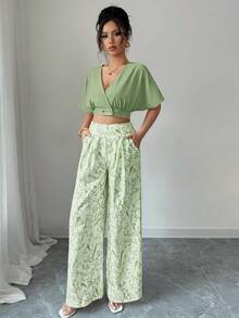 Breezaya 2 件套女士 V 领短袖纽扣上衣和高腰阔腿裤两件套，夏季 - 綠色 - 查看 5