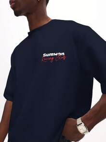 SUMWON Men Navy Racing Monaco Club Boxy Print T-Shirt Street Style Retro Vintage Casual Summer - Navy Blue - View 3
