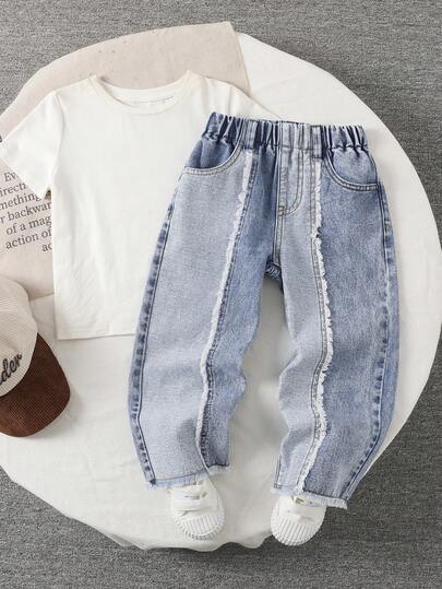 SHEIN Streecool Kids Young Boys Personalized Street Versatile Bottom Patchwork Design Distressed Jeans