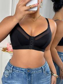 Áo ngực cỡ lớn cài phía trước, màu trơn, phối lưới. - màu đen - Xem 4