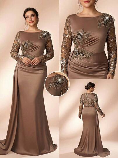 Serin Plus Size Elegant Luxurious Coffee Brown Embroidered Lace Patchwork Elastic Satin Ruched Sheer Long Sleeve Mermaid Dress With Applique Design, Suitable For Wedding, Party, Vacation, Prom, Mother Of The Bride Evening Gown Brown Elegant Dress Women