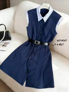 GlowEve Women's Summer Casual/Office Commute Striped Print Belted Shirt Dress - Blue - View 1