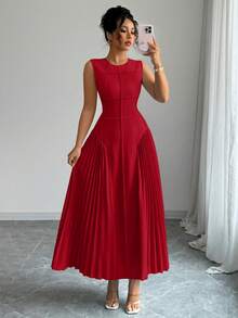 Rafferiza Vestido plisado de línea A sin mangas con cuello mao, diseño minimalista para mujer, primavera/verano - Rojo - Ver 3