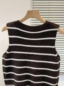 INAWLY Áo vest dệt kim kẻ sọc buộc phía trước dành cho nữ, Thu/Đông - Cà phê nâu - Xem 5