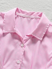 SHEIN Vintaside Kids 条纹前开襟短袖休闲衬衫，灯笼袖，蝴蝶结腰身，A字廓形，修身显瘦，适合通勤、度假休闲等场合，夏季穿着。 - 珊瑚粉 - 查看 4