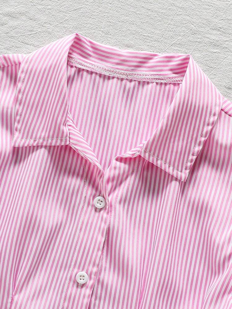 SHEIN Vintaside Kids Áo sơ mi tay ngắn kẻ sọc cài cúc phía trước, tay phồng, thắt nơ eo xếp ly, dáng chữ A tôn dáng, thích hợp cho đi làm, đi nghỉ mát và thư giãn, mùa hè. - Màu Hồng  San hô - Xem 4