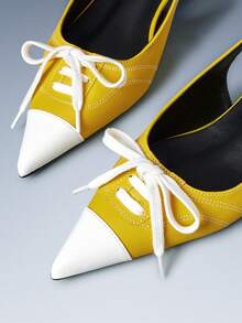 CUCCOO GRLICON 新款红白撞色尖头系带小猫跟鞋，小众设计，Y2K风格，适合春夏度假季穿着 - 黃白拼色 - 查看 4