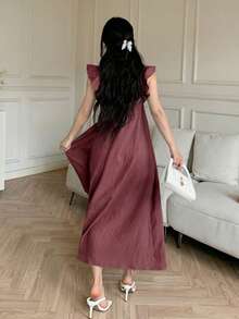 Vestido de verano casual, de uso diario y para vacaciones, con mangas cortas, encaje, calado y corte holgado - Morado - Ver 6