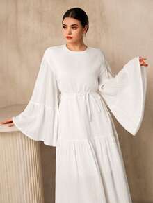 Graceveil 女士优雅纯色喇叭袖连衣裙，端庄得体，适合女性穿着，长款带袖连衣裙，正式场合穿着，优雅奢华，适合女性穿着，可作洗礼服、礼拜服、正式服装、优雅经典女装，端庄得体。 - 杏色 - 查看 5