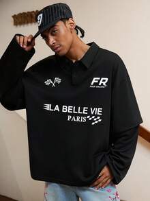 GALLERY FADE 男士字母印花休闲百搭通勤短袖Polo衫 - 黑色 - 查看 3