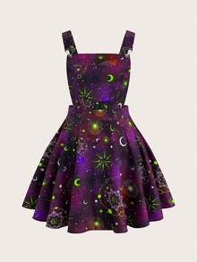 Sweetra Plus Size Women Moon Pattern Fashionable Dark Goth Style Suspender Dress - Multicolor - View 1