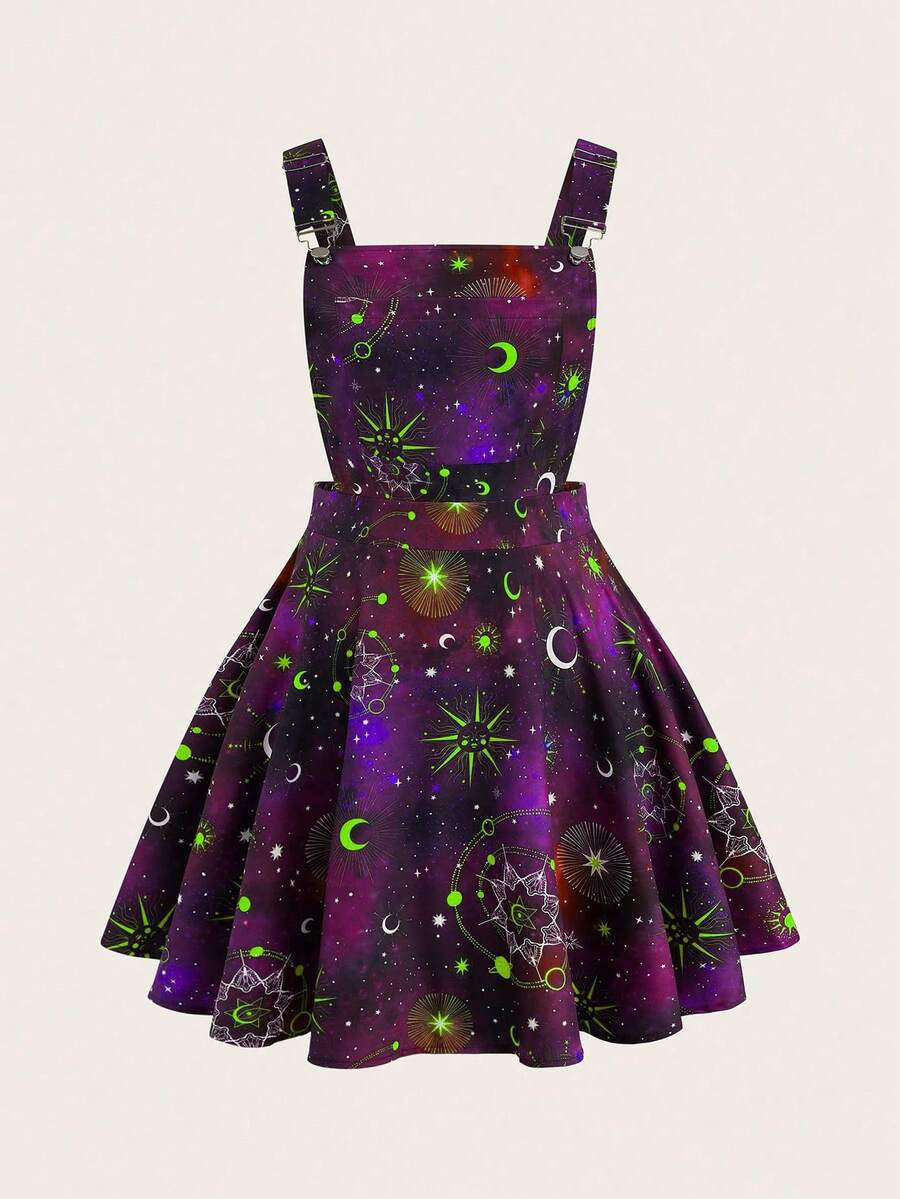 Sweetra Plus Size Women Moon Pattern Fashionable Dark Goth Style Suspender Dress - Multicolor - View 1