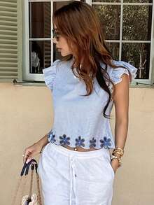 Serisse 女士度假休闲条纹镂空刺绣短袖衬衫 - 藍白色 - 查看 4