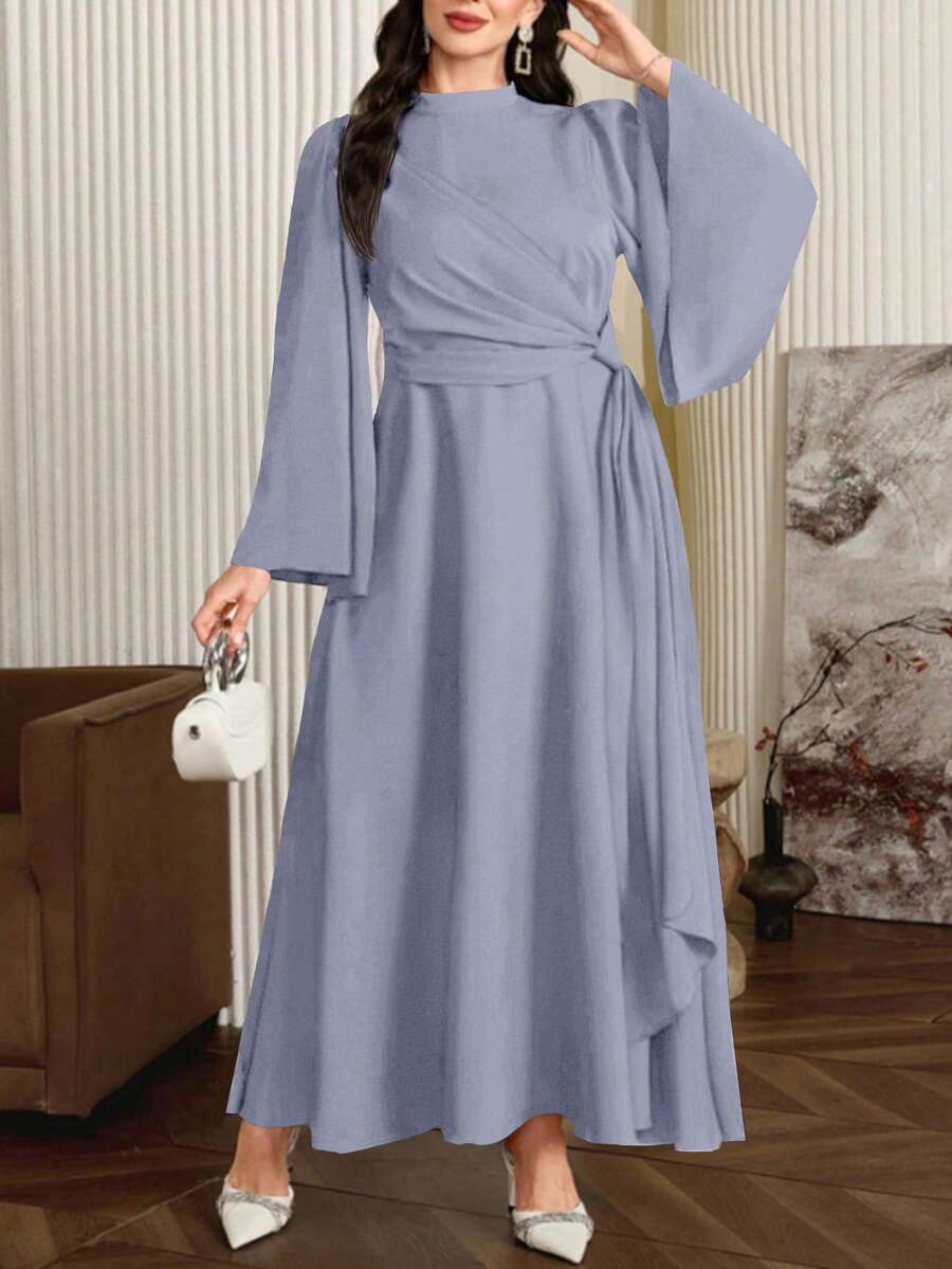 Modelyn Gaun Maxi Panjang Berkerah Syal untuk Wanita Ukuran Plus, Merah Tua Elegan - Grey - View 1