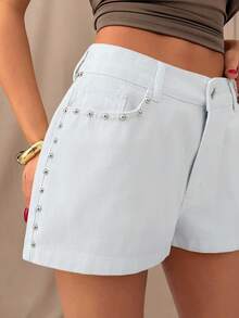 SHEIN Solid Color, Studded Trim, Comfort & Cotton, Low Rise, White Denim Shorts - White - View 3