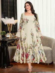 Modelyn Plus Size Long Sleeve Chiffon Double-Layer A-Line Floral Romantic Dress For Women - White - View 1