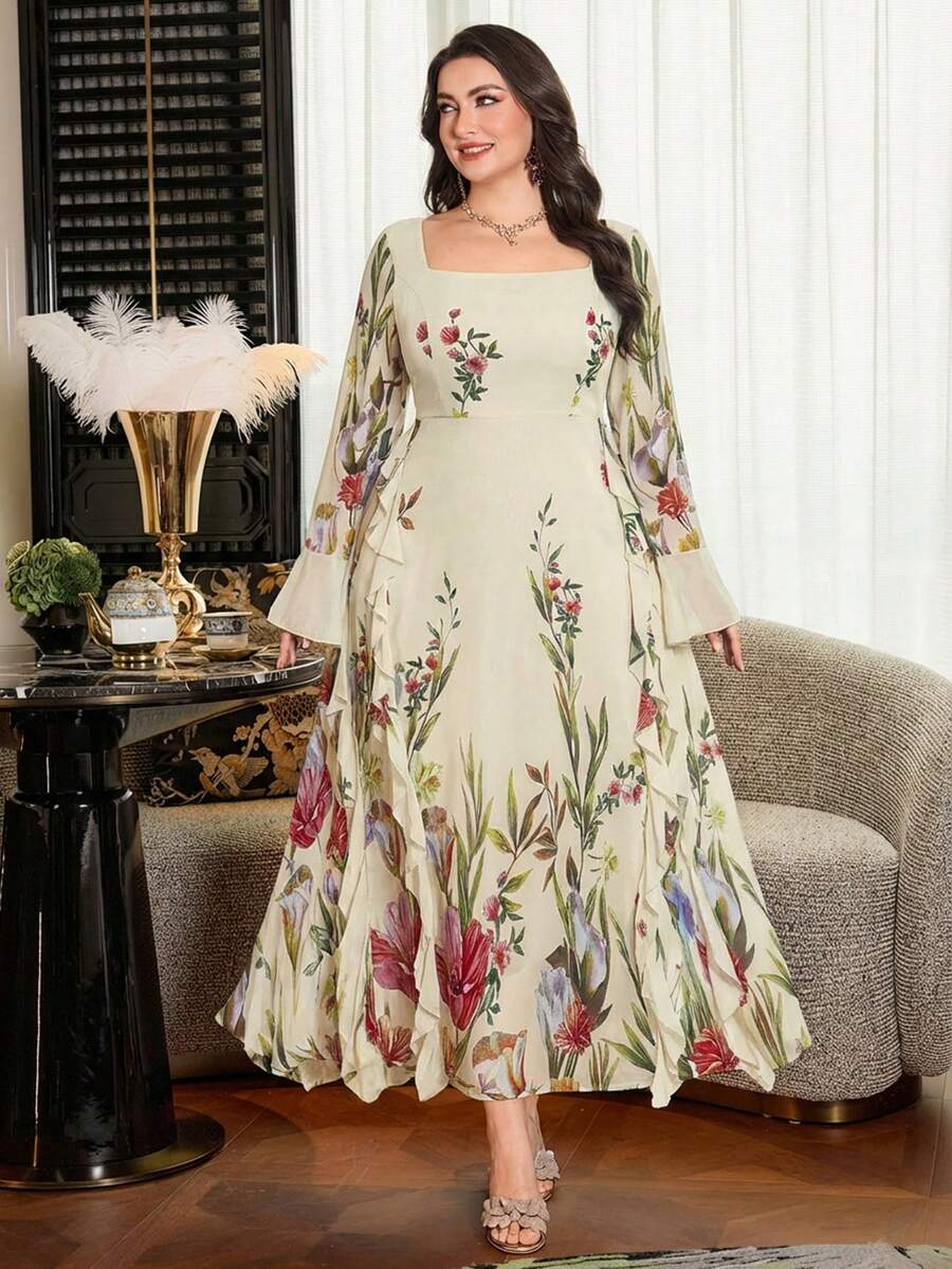 Modelyn Plus Size Long Sleeve Chiffon Double-Layer A-Line Floral Romantic Dress For Women - White - View 1