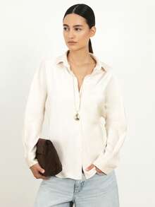 KSTM Blusa de satén con botones y mangas de murciélago, blusa con cuello, para oficina y trabajo, top de manga larga con ajuste relajado, sedoso - Albaricoque - Ver 4