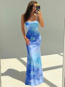 Aloruh Đầm hở lưng cổ yếm in hoa thanh lịch dành cho nữ - Màu xanh lam - Xem 4