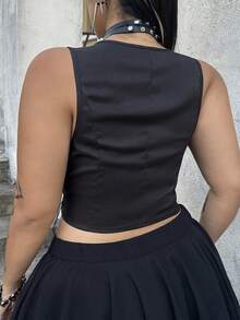 Whyspr 优雅简约OL通勤工作服朋克风镂空针织系带无袖深V领开襟背心，大码女款 - 黑色 - 查看 3