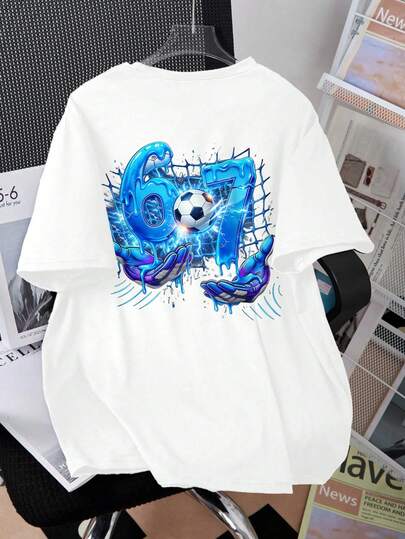 Tween Boys' Casual Comfortable Fashion Minimalist Versatile Creative Lightning Football "67" Graphic Double-Sided Print All-Match Short Sleeve T-Shirt, Suitable For Boys To Wear Outdoors, Sports And Casual Occasions