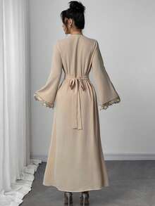 Rafferiza Women's Loose V-Neck Ruffle Long Sleeve Robe, Turkish Abaya, Arabic Kaftan - Blush Crush - View 2