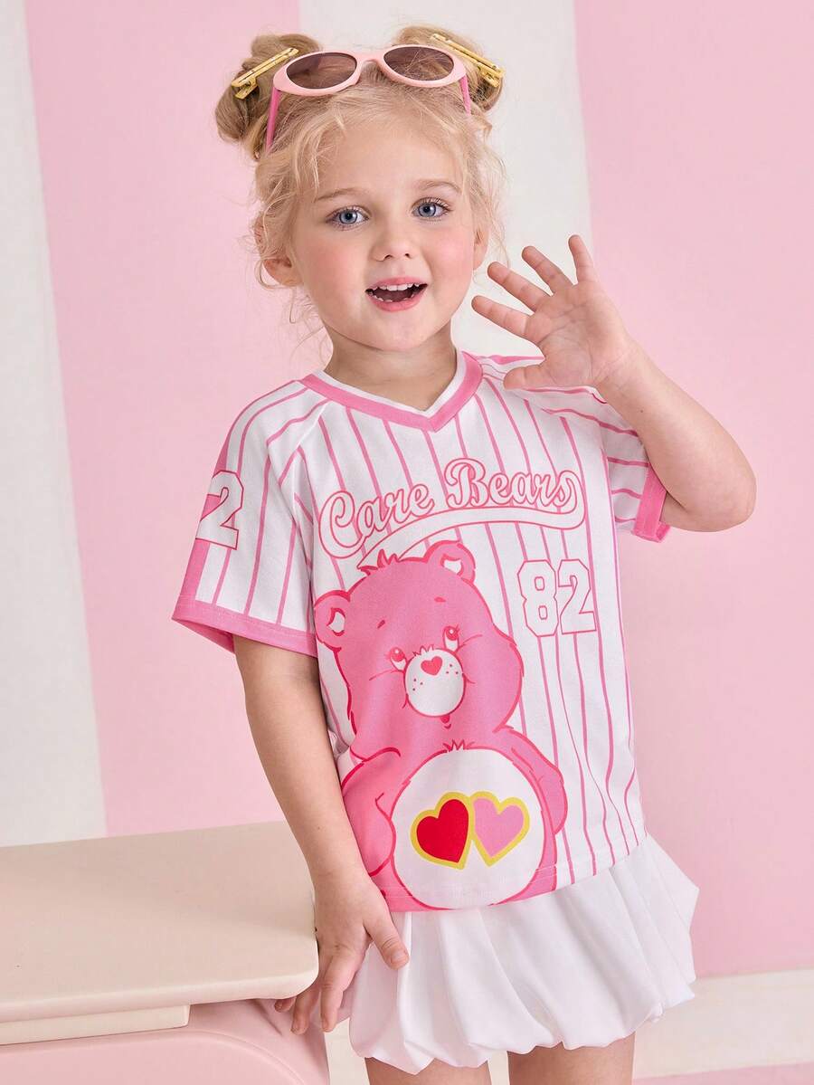 SHEIN X Care Bears 女童夏季休闲条纹小熊印花T恤 - 粉色 - 查看 1