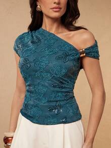 Silquee Áo kiểu nữ Jacquard phối khóa kim loại, vai lệch, thích hợp cho mùa xuân/hè. - màu xanh lá - Xem 1