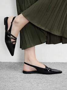 CUCCOO BIZCHIC Women's Pointed Black Patent Leather Glossy Multi-Strap Metal Buckle Rear Strap Fashion Dating Wear Versatile Commuter Flat Shoes - Black - View 3