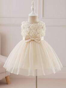 Glamorique Kids 女婴优雅可爱花朵3D蝴蝶结网纱无袖派对礼服，适合S码女婴参加派对，米色连衣裙，女婴洗礼服，女婴婚礼礼服，女婴正式礼服，女婴派对礼服，米色连衣裙 - 黃色 - 查看 8