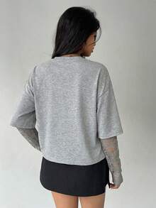 Aloruh Áo thun nữ dáng ôm cổ tròn màu trơn, kiểu dáng thường ngày, phối ren ngọt ngào. - Màu Xám nhạt - Xem 2
