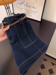 GlowEve CURVE 大码女式纯色水洗牛仔短裤，春夏款 - 深色水洗藍 - 查看 3