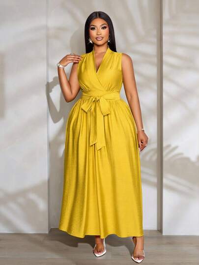 SOLERSUN Plus Size Spring/Summer New Arrival Solid Color Linen-Like Belted V-Neck Sleeveless Special Process Elastic Waist Pleated Mid-Length A-Line Dress Suitable For Daily Wear, Casual Gatherings, Dates, Valentine's Day, Cocktail Parties, Graduation Ceremonies, Travel, Beach Vacations, Music Festivals, Carnivals, Wedding Season Guest Attire, Sexy Elegant Clothing, Bohemian Clothing, And Fashionable Women's Clothing.