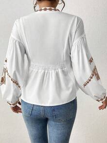 SHEIN LUNE Women's Shirred Graphic Print Long Sleeve Button Shirt Peplum Top - Khaki - View 2