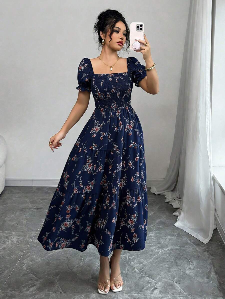 Elenzga Đầm maxi nữ mùa xuân/hè cổ vuông, tay ngắn, xếp ly, viền bèo nhún, họa tiết hoa nhỏ li ti, phù hợp cho sinh hoạt thường ngày, công sở, du lịch, đi biển, phong cách bohemian, miền Tây, lễ hội âm nhạc, phong cách đồng quê. - Màu xanh hải quân - Xem 1