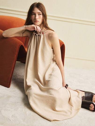 Écloséra Women's Casual Vacation Dress, Ladies' Spaghetti Strap Tank Dress, Summer Women's Clothing, Khaki Color Dress, Colorful Beaded Ladies' Resort Dress, Women's Casual Dress