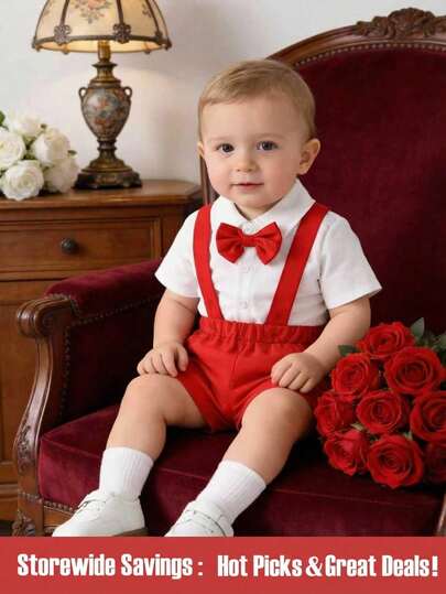 SHEIN Bộ áo sơ mi tay ngắn và quần đùi yếm đính nơ cho bé trai, trang phục ngày lễ tình nhân