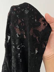 Elenzga Plus Size Black Lace Patchwork Long Sleeve Cropped Top & High Slit Skirt 2 Piece Set - Black - View 7